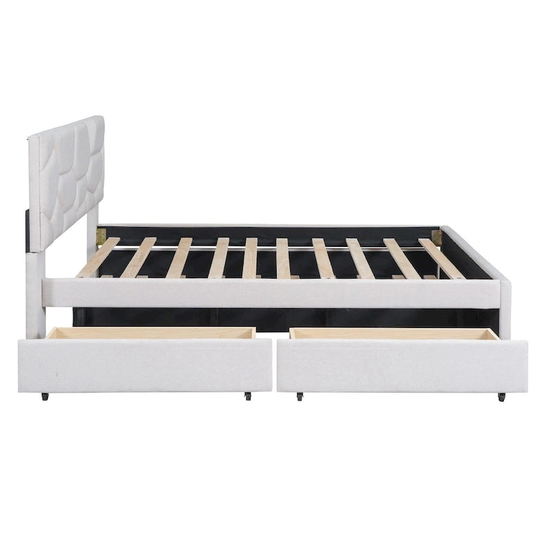 Lit plateforme rembourré beige avec tête de lit géométrique et tiroirs de rangement