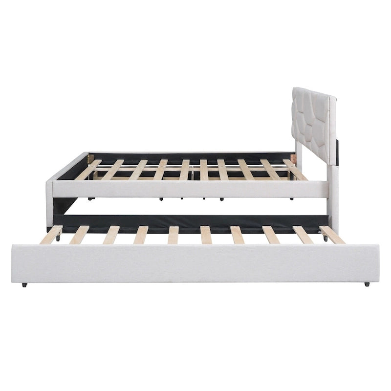 Lit plateforme rembourré beige avec tête de lit géométrique et tiroirs de rangement