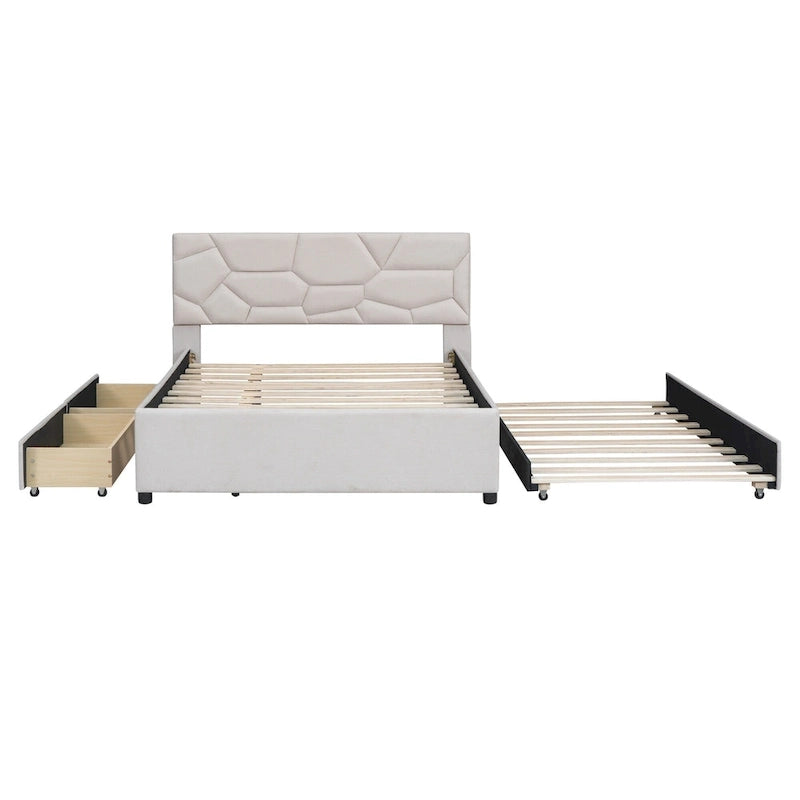 Lit plateforme rembourré beige avec tête de lit géométrique et tiroirs de rangement