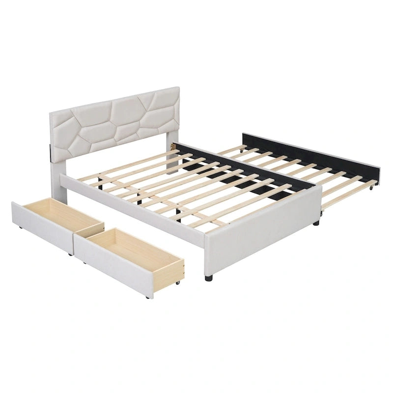 Lit plateforme rembourré beige avec tête de lit géométrique et tiroirs de rangement