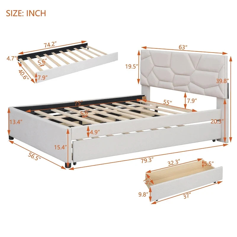 Lit plateforme rembourré beige avec tête de lit géométrique et tiroirs de rangement