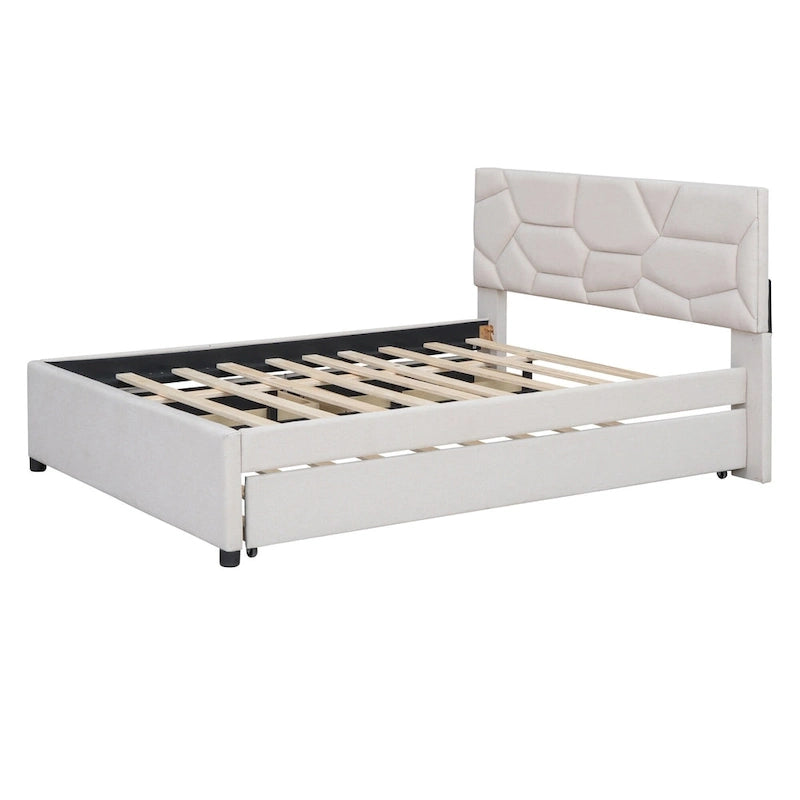 Lit plateforme rembourré beige avec tête de lit géométrique et tiroirs de rangement