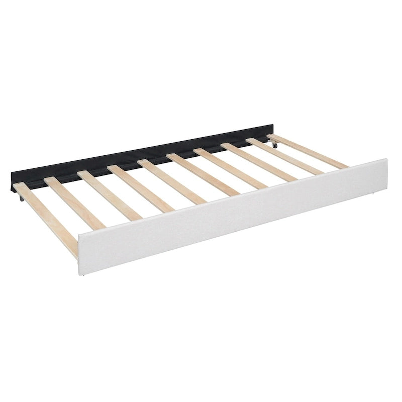 Lit plateforme rembourré beige avec tête de lit géométrique et tiroirs de rangement