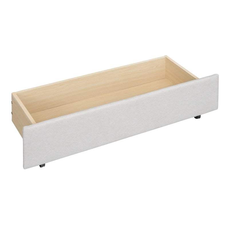 Lit plateforme rembourré beige avec tête de lit géométrique et tiroirs de rangement