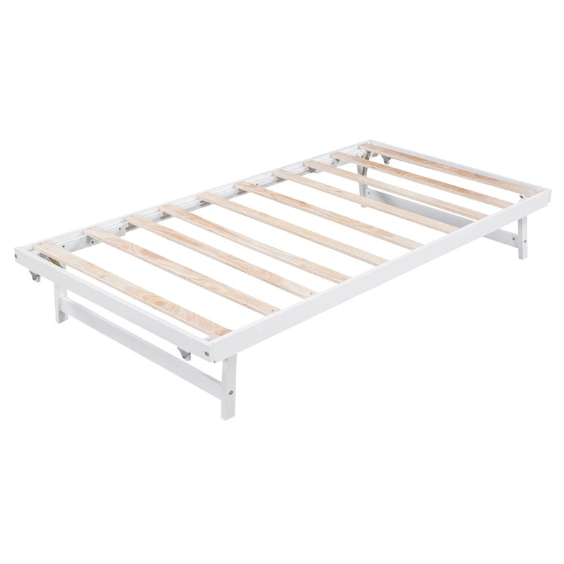 Lit plateforme en pin avec lit gigogne coulissant Tête de lit blanche grise Support à lattes