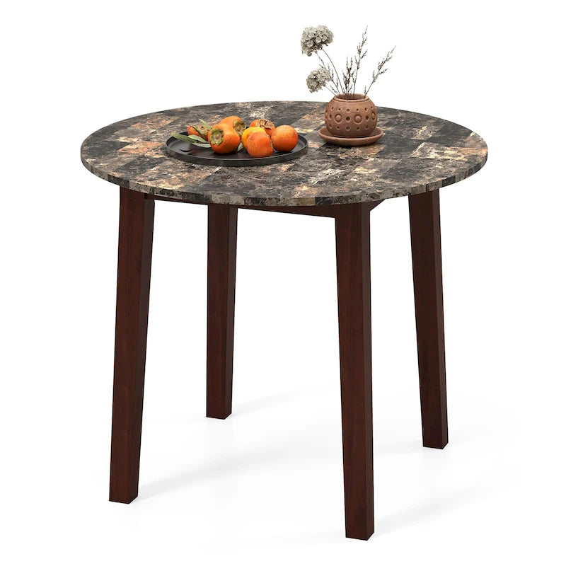 Table à manger ronde de 35" en placage aspect marbre avec pieds en bois d'hévéa, marron/blanc/noir