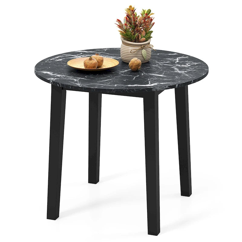 Table à manger ronde de 35" en placage aspect marbre avec pieds en bois d'hévéa, marron/blanc/noir