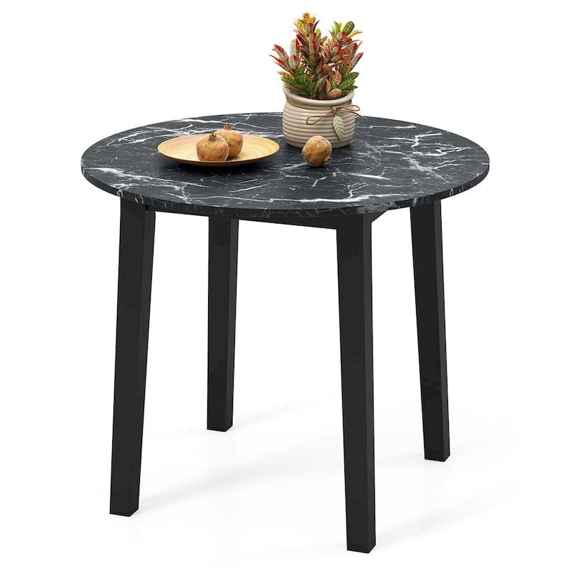 Table à manger ronde de 35" en placage aspect marbre avec pieds en bois d'hévéa, marron/blanc/noir