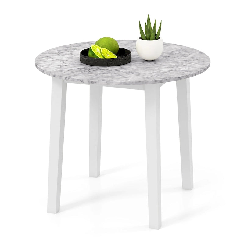 Table à manger ronde de 35" en placage aspect marbre avec pieds en bois d'hévéa, marron/blanc/noir
