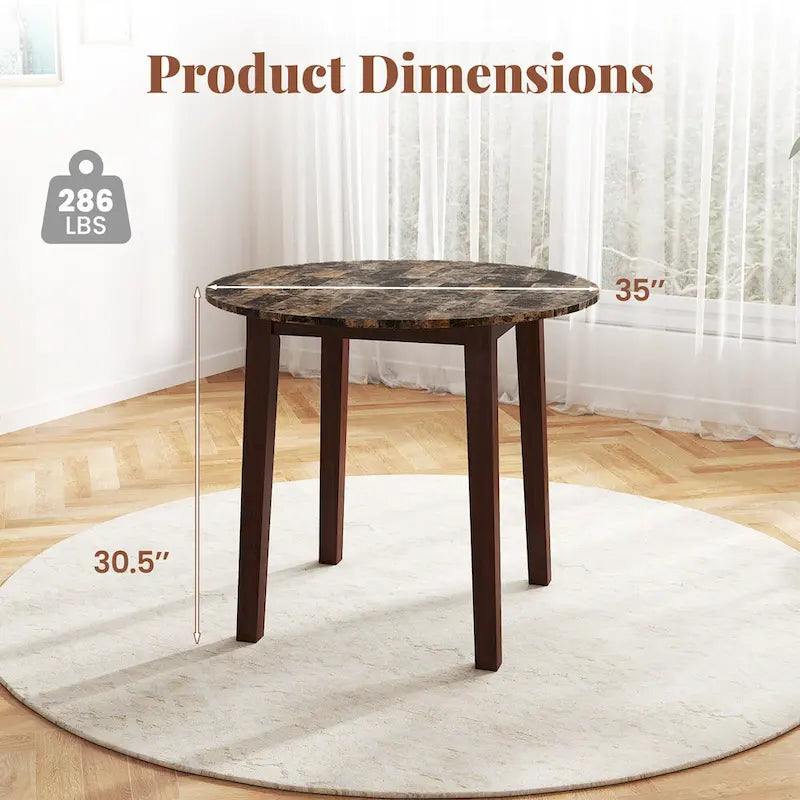 Table à manger ronde de 35" en placage aspect marbre avec pieds en bois d'hévéa, marron/blanc/noir