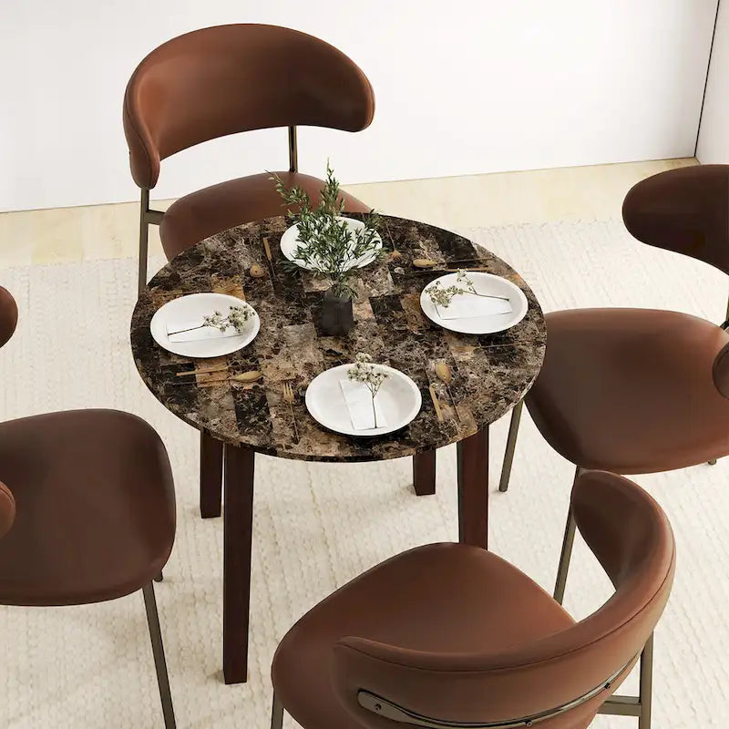 Table à manger ronde de 35" en placage aspect marbre avec pieds en bois d'hévéa, marron/blanc/noir