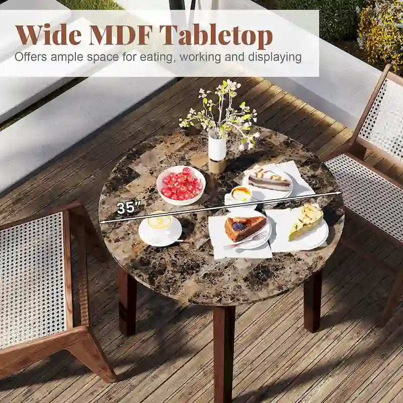 Table à manger ronde de 35" en placage aspect marbre avec pieds en bois d'hévéa, marron/blanc/noir