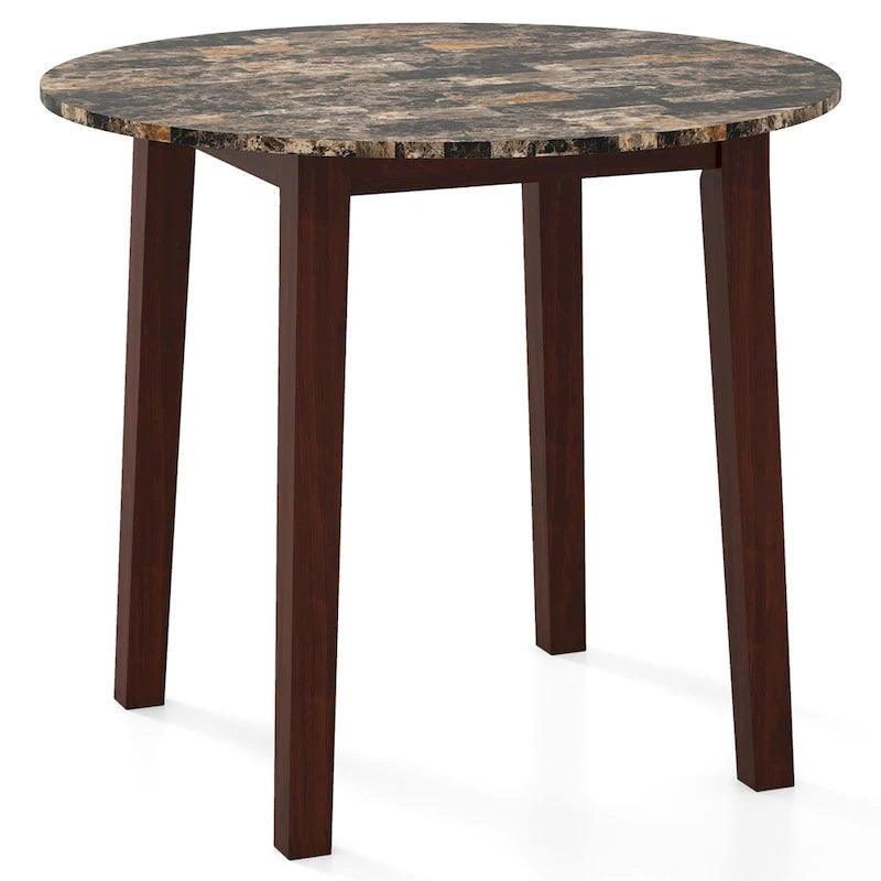 Table à manger ronde de 35" en placage aspect marbre avec pieds en bois d'hévéa, marron/blanc/noir