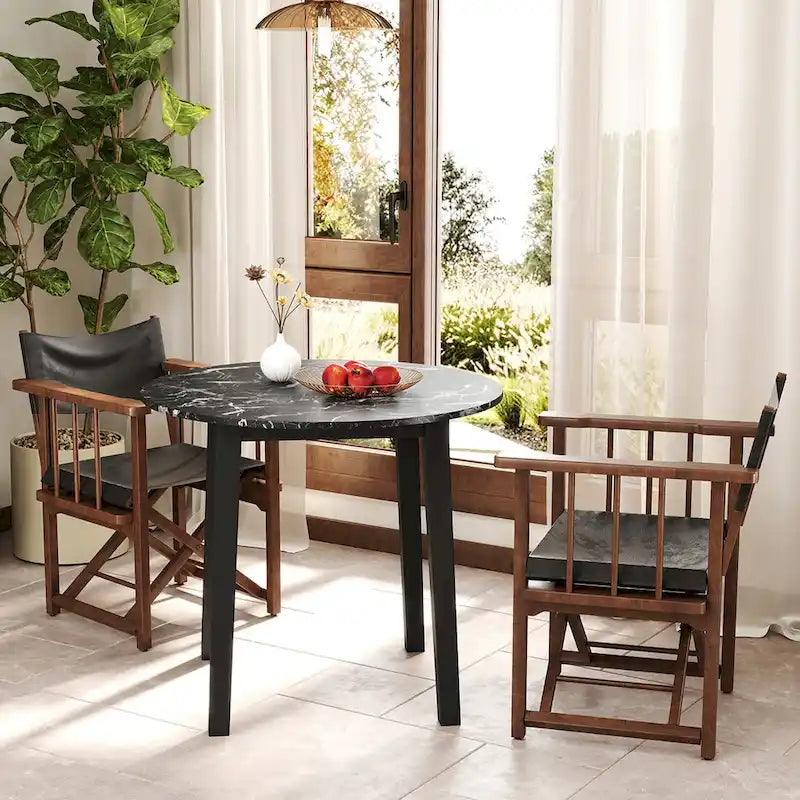Table à manger ronde de 35" en placage aspect marbre avec pieds en bois d'hévéa, marron/blanc/noir