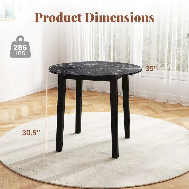Table à manger ronde de 35" en placage aspect marbre avec pieds en bois d'hévéa, marron/blanc/noir
