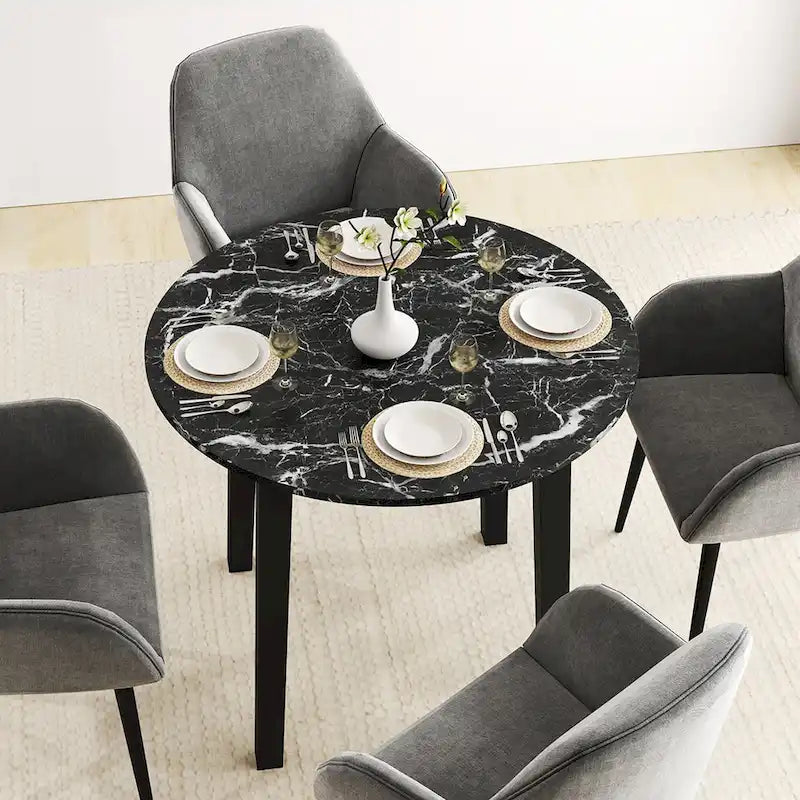 Table à manger ronde de 35" en placage aspect marbre avec pieds en bois d'hévéa, marron/blanc/noir