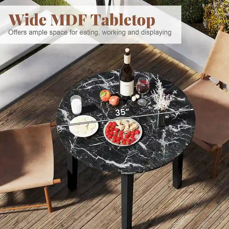 Table à manger ronde de 35" en placage aspect marbre avec pieds en bois d'hévéa, marron/blanc/noir