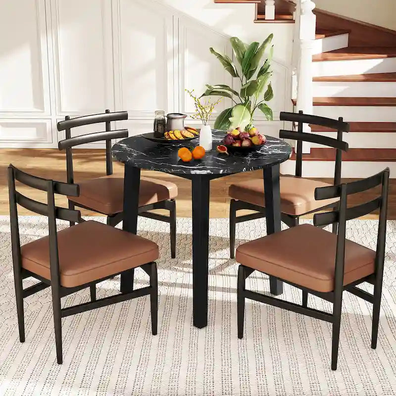 Table à manger ronde de 35" en placage aspect marbre avec pieds en bois d'hévéa, marron/blanc/noir