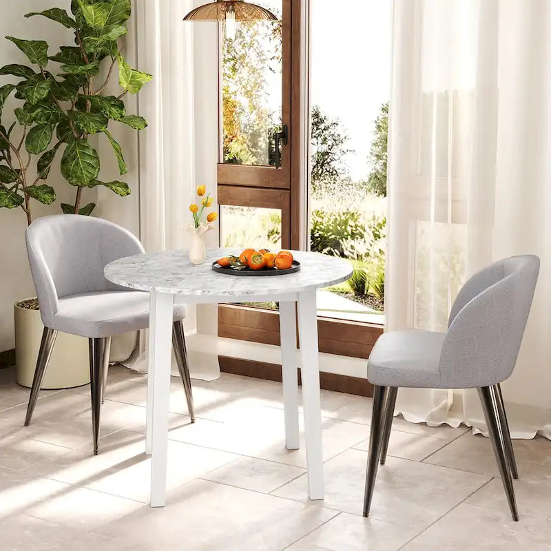 Table à manger ronde de 35" en placage aspect marbre avec pieds en bois d'hévéa, marron/blanc/noir