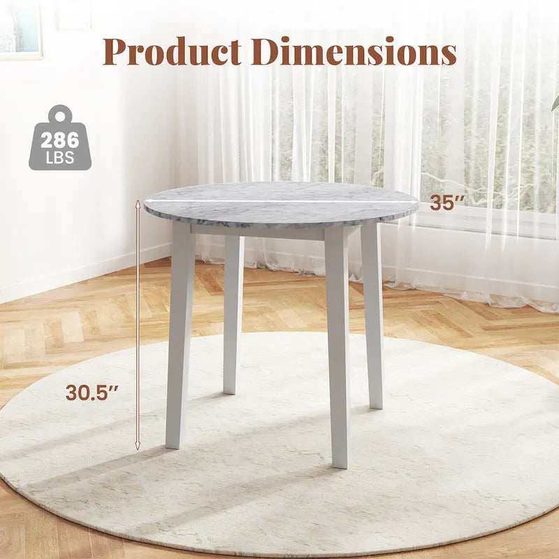Table à manger ronde de 35" en placage aspect marbre avec pieds en bois d'hévéa, marron/blanc/noir