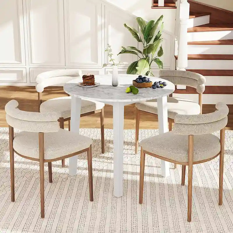Table à manger ronde de 35" en placage aspect marbre avec pieds en bois d'hévéa, marron/blanc/noir