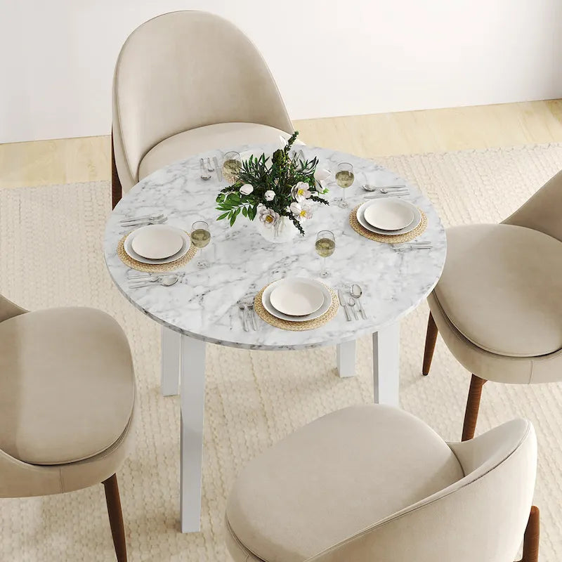 Table à manger ronde de 35" en placage aspect marbre avec pieds en bois d'hévéa, marron/blanc/noir