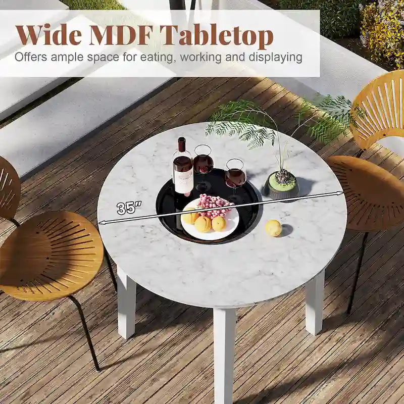 Table à manger ronde de 35" en placage aspect marbre avec pieds en bois d'hévéa, marron/blanc/noir
