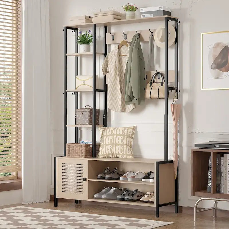 Porte-manteau d'entrée avec banc et rangement à chaussures, Beige