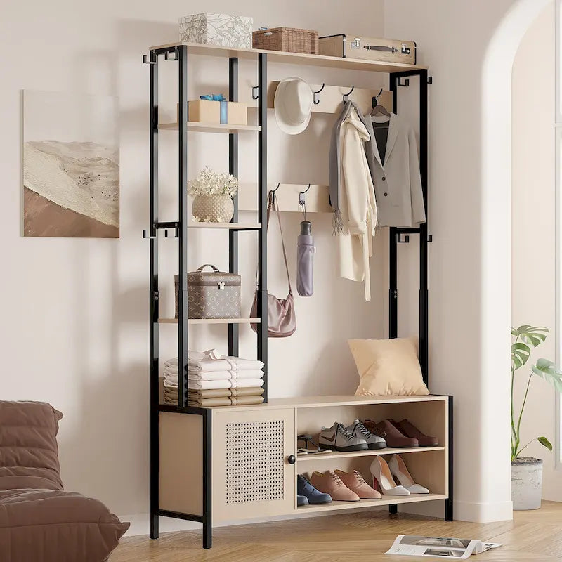 Porte-manteau d'entrée avec banc et rangement à chaussures, Beige