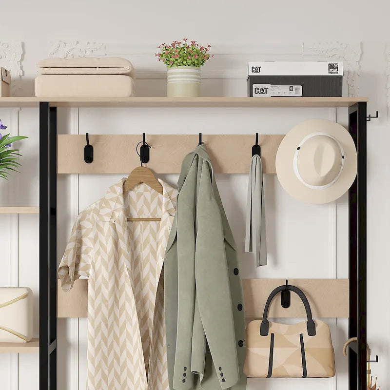 Porte-manteau d'entrée avec banc et rangement à chaussures, Beige