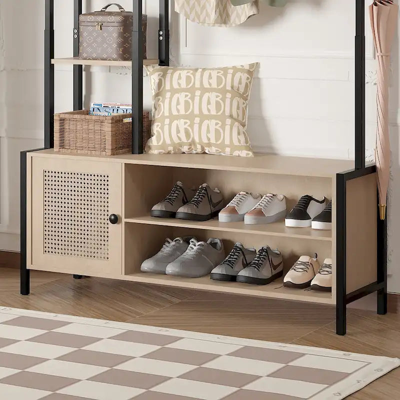 Porte-manteau d'entrée avec banc et rangement à chaussures, Beige