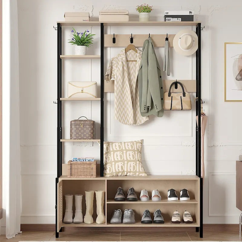 Porte-manteau d'entrée avec banc et rangement à chaussures, Beige