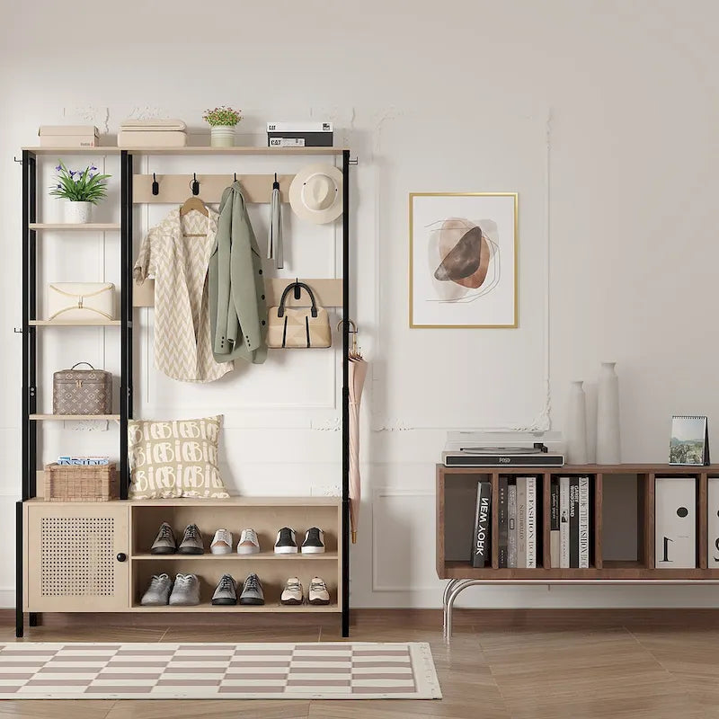 Porte-manteau d'entrée avec banc et rangement à chaussures, Beige