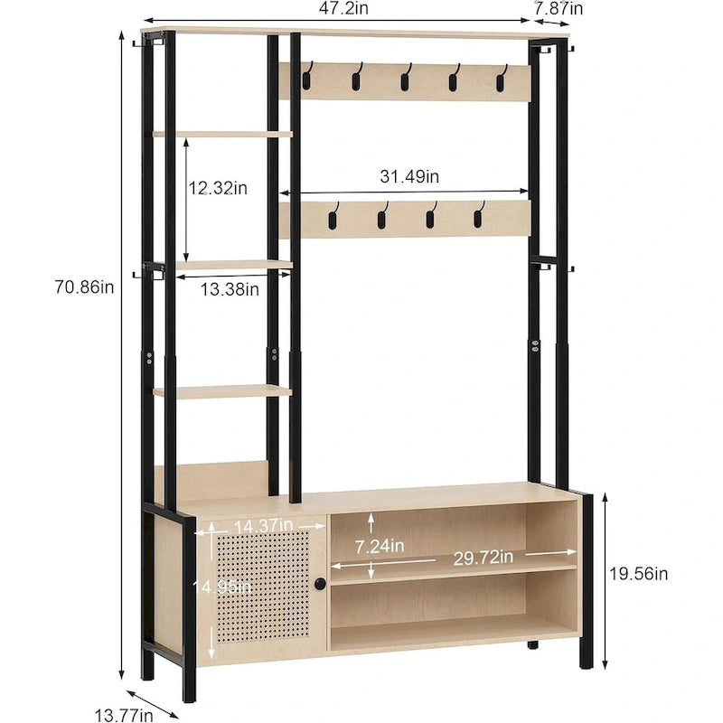 Porte-manteau d'entrée avec banc et rangement à chaussures, Beige