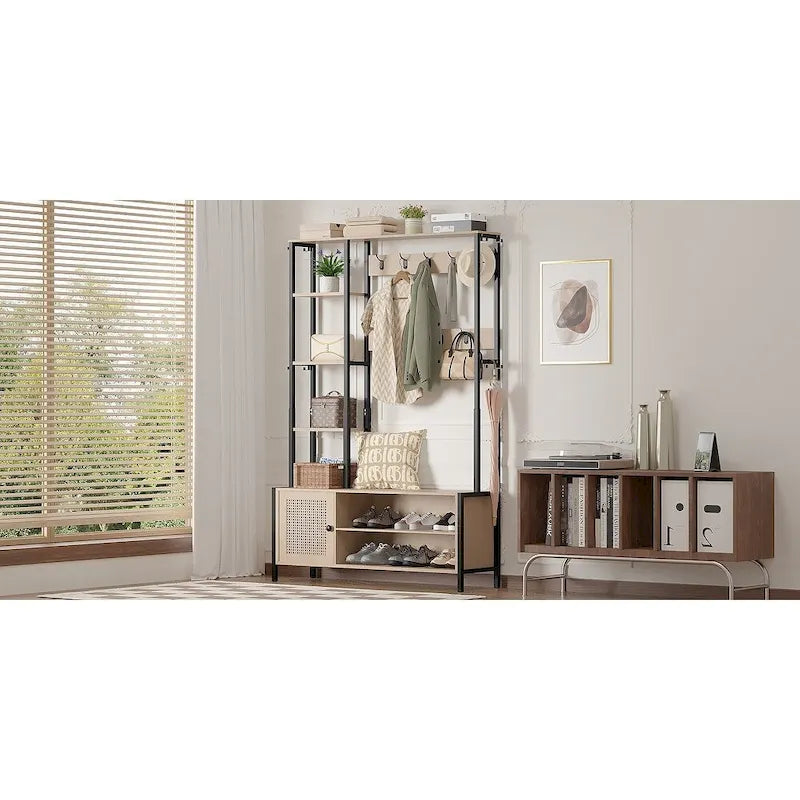 Porte-manteau d'entrée avec banc et rangement à chaussures, Beige