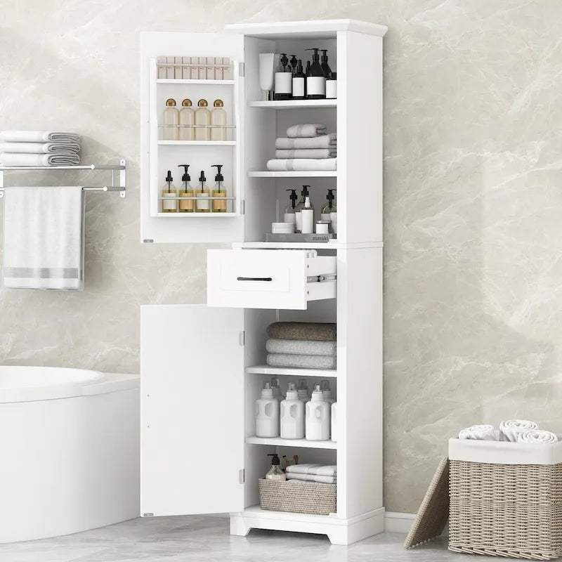 Meuble de Rangement de Salle de Bain Autonome Blanc avec Étagères Réglables Tiroir et Portes