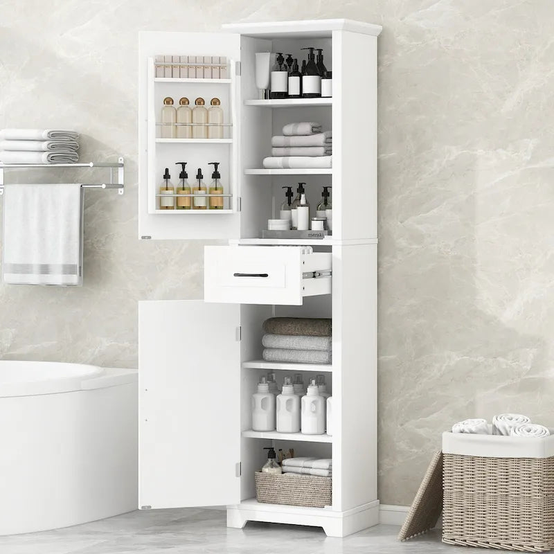Meuble de Rangement de Salle de Bain Autonome Blanc avec Étagères Réglables Tiroir et Portes