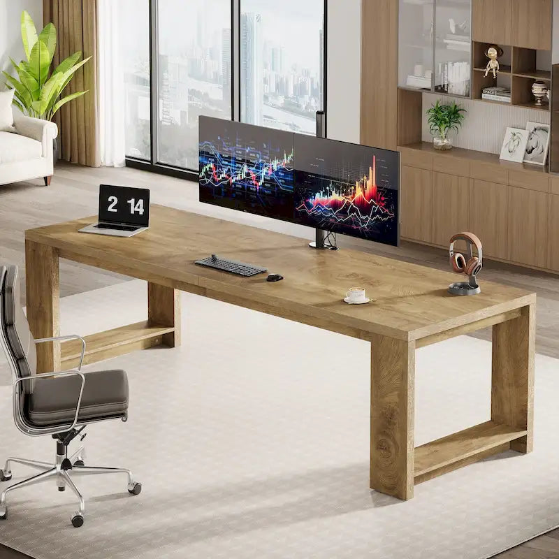 Bureau en MDF chêne naturel extra large avec pieds évasés