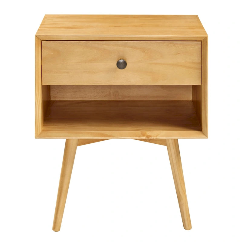 Table de chevet mi-siècle en pin massif avec tiroir et étagère