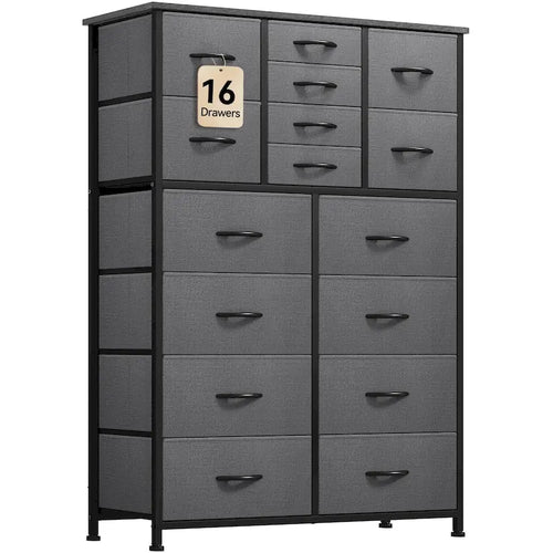 Commode à 16 tiroirs avec cadre en métal noir et plateau en bois
