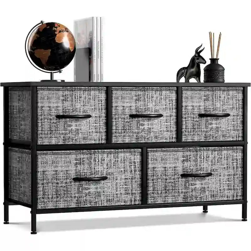 Commode de rangement en tissu à 5 tiroirs avec cadre en acier et plateau en bois