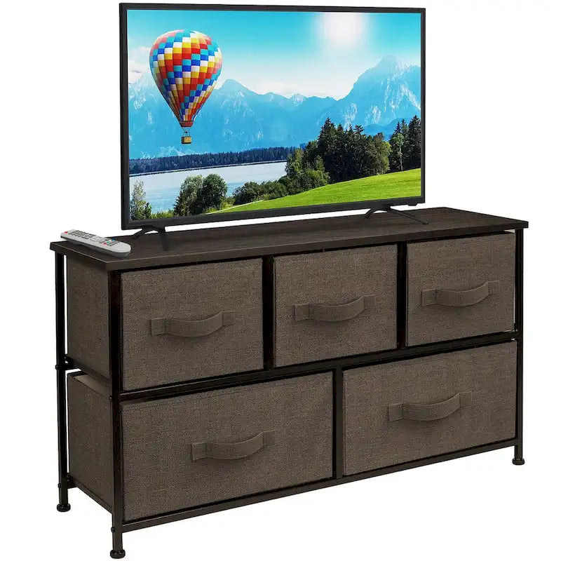 Commode de rangement en tissu à 5 tiroirs avec cadre en acier et plateau en bois