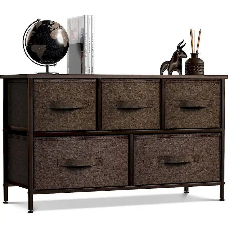 Commode de rangement en tissu à 5 tiroirs avec cadre en acier et plateau en bois
