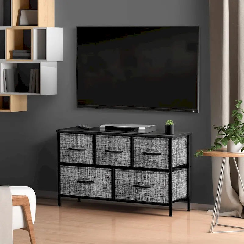 Commode de rangement en tissu à 5 tiroirs avec cadre en acier et plateau en bois