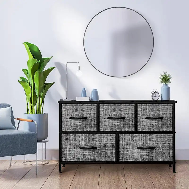 Commode de rangement en tissu à 5 tiroirs avec cadre en acier et plateau en bois