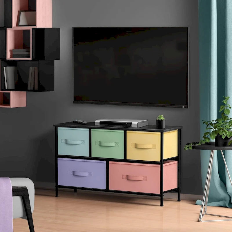 Commode de rangement en tissu à 5 tiroirs avec cadre en acier et plateau en bois