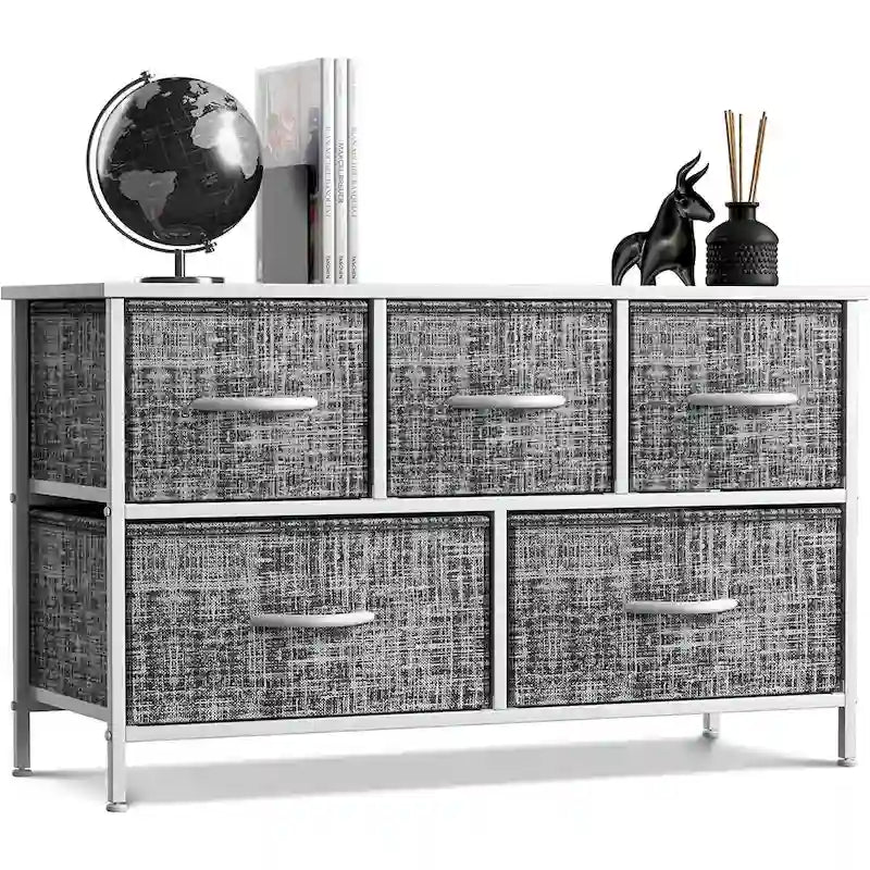 Commode de rangement en tissu à 5 tiroirs avec cadre en acier et plateau en bois