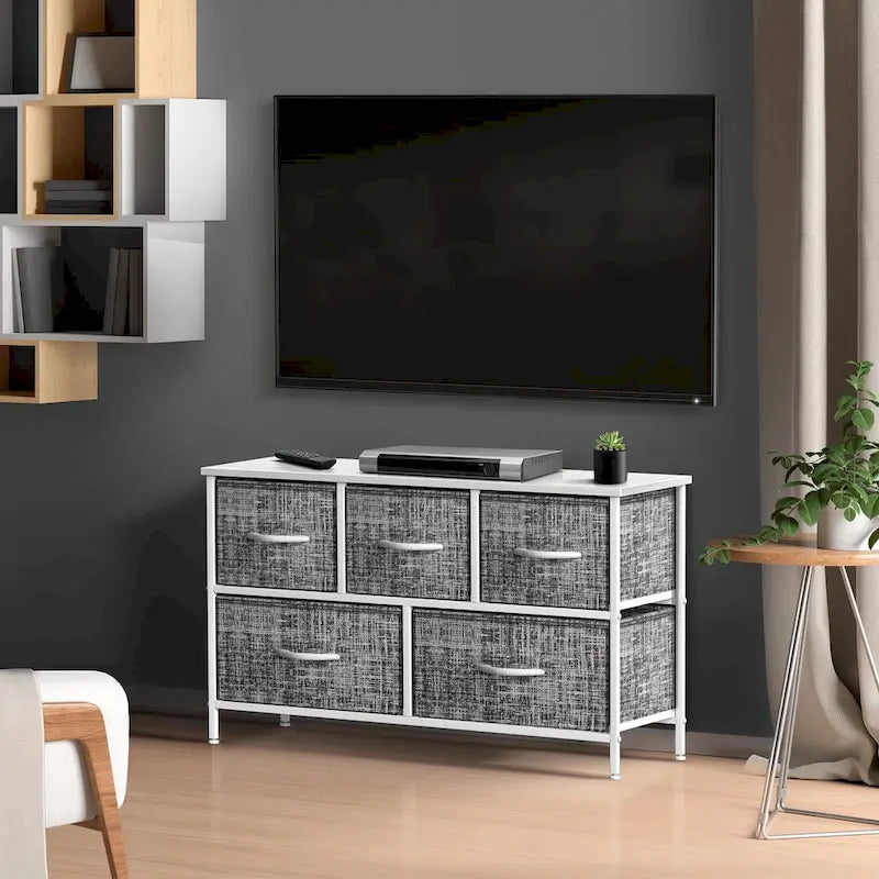 Commode de rangement en tissu à 5 tiroirs avec cadre en acier et plateau en bois