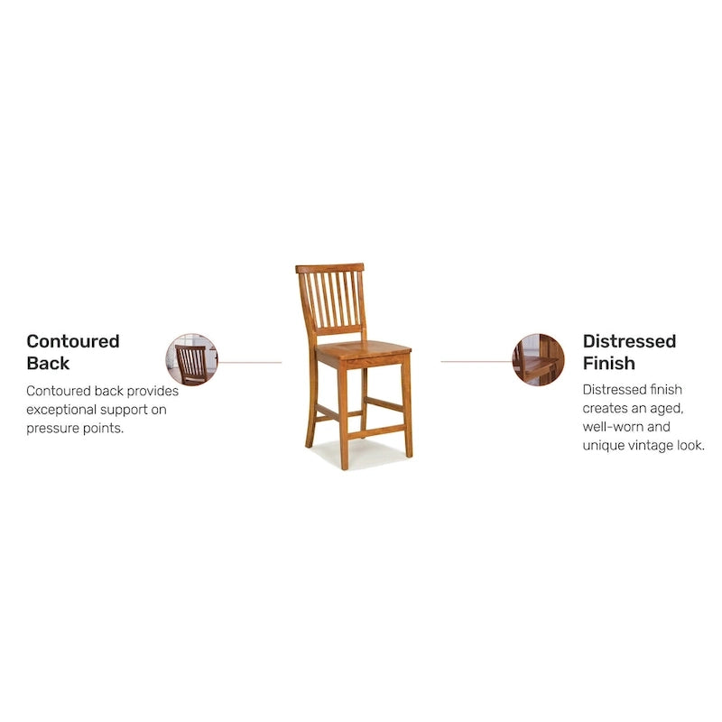 Tabouret de comptoir en bois dur finition chêne avec dossier à lattes style vintage vieilli