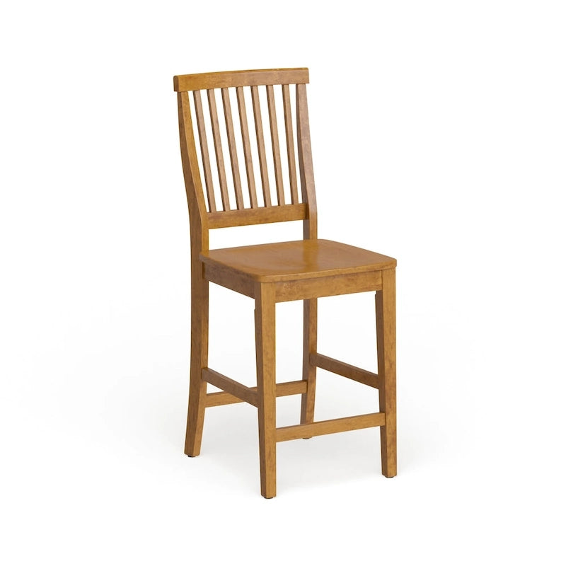 Tabouret de comptoir en bois dur finition chêne avec dossier à lattes style vintage vieilli
